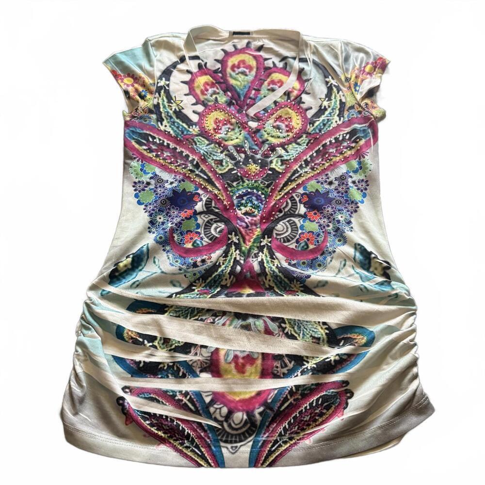 Y2K Body Central Psychedelic Rhinestone Cutout Fairycore Festival Top Tee